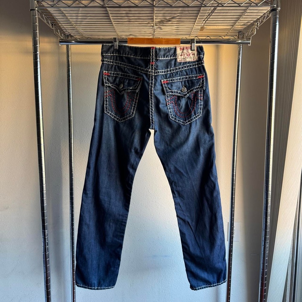 True Religion World Tour Section Slim Jeans Dark Wash Thick Stitch Men 38x32.5